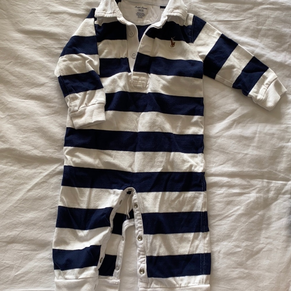 Polo blue and white stripe boys outfit